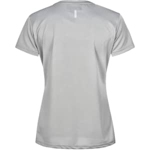 A light grey ladies' short-sleeve performance T-shirt featuring a subtle design and a logo.