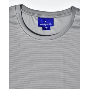 A grey short sleeve performance t-shirt featuring a round neckline and a label at the neck with branding.