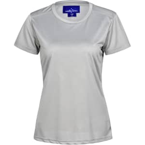 A light grey women's performance t-shirt with short sleeves and a fitted design. It features a logo on the neckline.