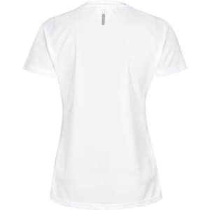 A white short-sleeve performance T-shirt with a sleek design and a logo on the back.