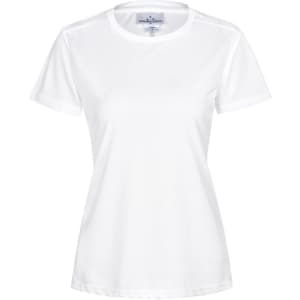 A white short-sleeve women's performance t-shirt featuring a simple design and a logo.