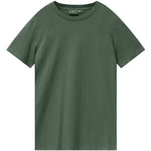 A green men's premium cotton t-shirt with a classic crew neckline and short sleeves, featuring a logo on the label.