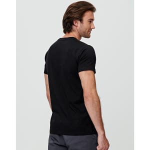 A black men's premium cotton tee displayed from the back, featuring a fitted design. It has a logo.