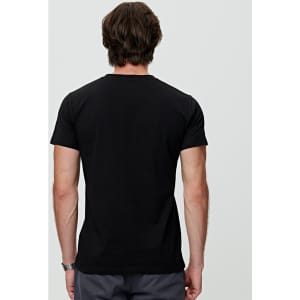 A black premium cotton t-shirt featuring a simple design and short sleeves, with a logo on the back.