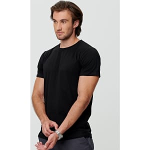 A black men's premium cotton tee displayed on a model, featuring short sleeves and a standard fit.