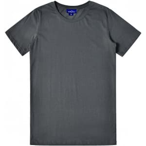 A grey men's premium cotton T-shirt with a crew neckline and short sleeves. It features a logo on the label.