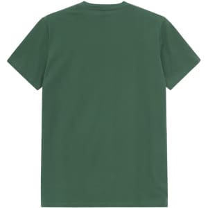 A green premium cotton men's t-shirt, featuring a plain back design and a subtle branding logo.