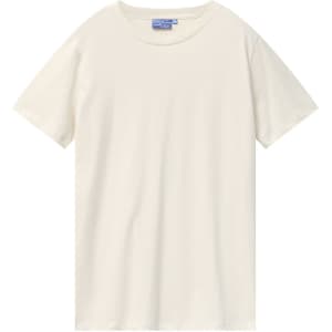 A plain white men's premium cotton tee with short sleeves and a round neckline. Features branding on the label.