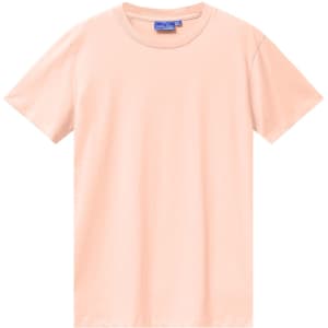 A plain peach-coloured men's premium cotton t-shirt featuring a round neckline and short sleeves, with a brand logo.