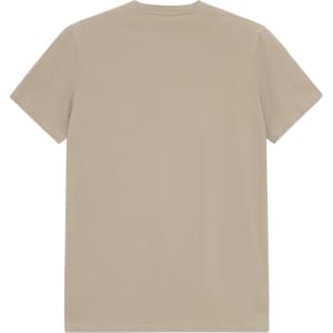 A beige men's premium cotton tee featuring a simple design and short sleeves, with a branding logo.