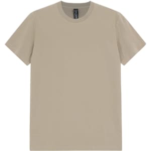 A men's premium cotton tee in a light beige colour, featuring short sleeves and a round neckline, with a logo tag.
