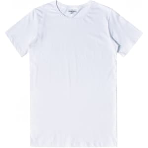 A plain white men's premium cotton tee featuring a round neckline and short sleeves, with a logo on the label.