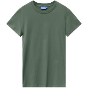 A green ladies' premium cotton t-shirt with a round neckline and short sleeves, featuring a branding label.