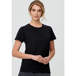 A black premium cotton tee for ladies, featuring a classic crew neck and short sleeves. Includes a logo.