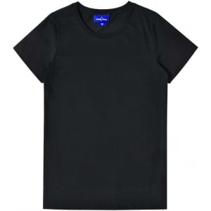 A black ladies' premium cotton t-shirt with a round neckline and short sleeves, featuring a logo.
