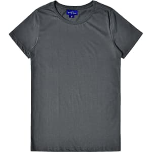 A grey premium cotton tee with a crew neckline and short sleeves, featuring a logo on the label.