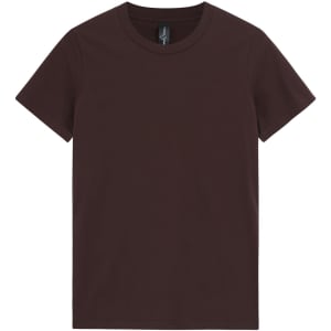 A maroon premium cotton t-shirt with a round neckline and short sleeves, featuring a logo.