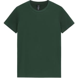 A green premium cotton t-shirt with a round neck and short sleeves, featuring a logo on the inside.