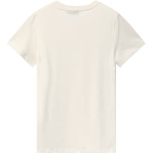 A plain cream women's T-shirt made of premium cotton, featuring a simple design and a logo.