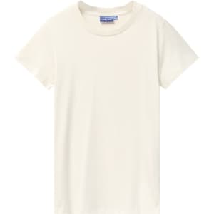 A plain off-white ladies' premium cotton t-shirt featuring a round neckline and short sleeves, with a logo on the label.