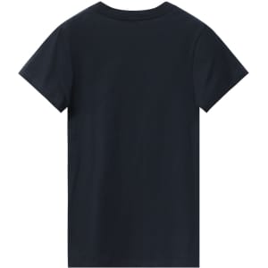 A ladies' premium cotton tee in navy blue, featuring short sleeves and a rounded neckline. It has a logo on the back.