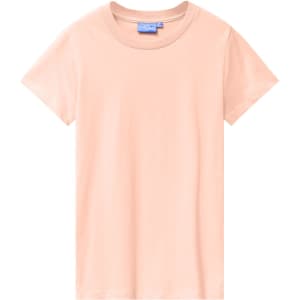 A premium cotton tee in a soft peach colour, featuring a logo on the label.