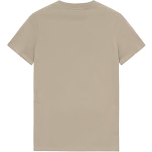 A beige premium cotton t-shirt with a simple design and short sleeves, featuring a logo on the fabric.