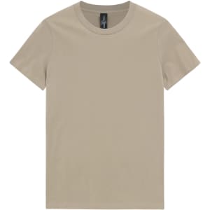 A plain, light beige premium cotton t-shirt with a round neckline and short sleeves. It features a logo label.