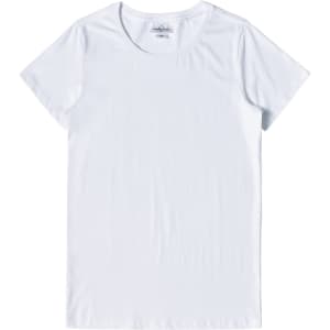 A white premium cotton t-shirt for ladies with a classic crew neckline and short sleeves. It has a logo on the label.