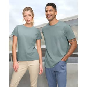 A men's and women's premium cotton short sleeve tee shirt in a soft green colour, featuring a logo.