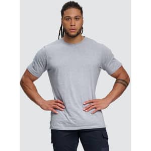 A grey men's premium cotton short sleeve t-shirt with a logo, featuring a relaxed fit and crew neck style.