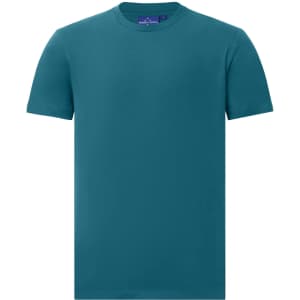 A premium cotton short-sleeve tee shirt in teal, featuring a round neckline and a logo on the label.