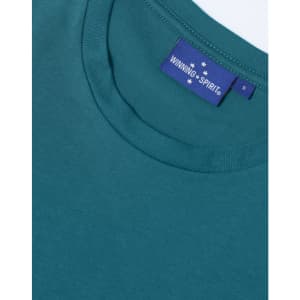 A close-up of a teal men's premium cotton t-shirt featuring a crew neckline and a branded label.