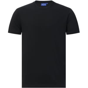 A black premium cotton short sleeve T-shirt with a tag and a logo on the neckline.