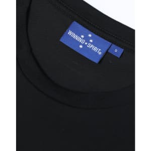 A black premium cotton short-sleeve tee shirt featuring a branded tag.