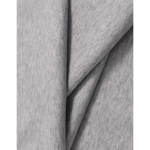 A close-up of light grey cotton fabric, showcasing its soft texture and smooth finish. The fabric has a logo.