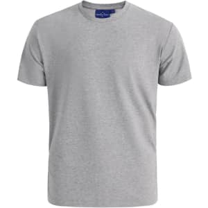 A grey men's premium cotton short sleeve t-shirt with a crew neckline and a logo on the label.