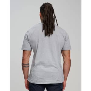 A grey premium cotton short sleeve t-shirt, viewed from the back, featuring a logo on the design.