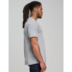 A men's premium cotton short-sleeve tee shirt in grey, featuring a simple design and a logo.