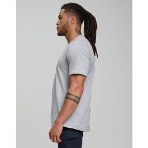 A grey men's premium cotton short sleeve tee shirt displayed on a model from the side, featuring a logo.