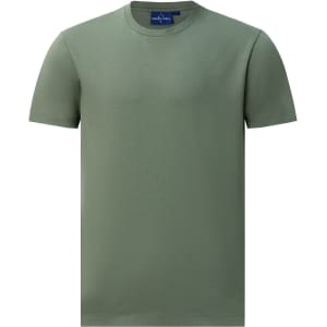 A men's short-sleeve tee shirt in a muted green colour, featuring a simple design and a logo near the neckline.