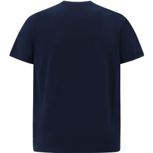 A navy blue men's premium cotton short sleeve tee shirt featuring a plain back design and a logo.