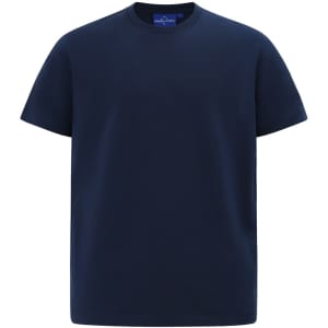 A navy blue men's premium cotton short-sleeve T-shirt, featuring a simple design and logo.