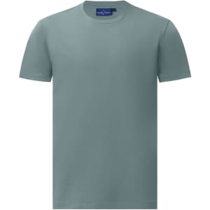 A short-sleeve tee shirt in a muted green with a round neckline and a subtle logo.