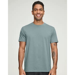 A men's premium cotton short-sleeve tee shirt in a light teal colour, featuring a logo on the front.