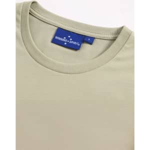 A light green men's premium cotton short sleeve t-shirt with a round neckline and a logo label.