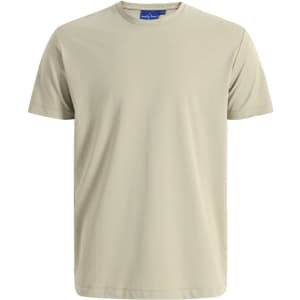 A light khaki men's premium cotton short-sleeve T-shirt with a simple design and a tag at the neckline.