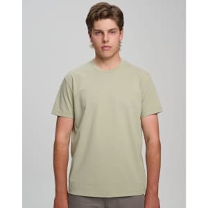 A light green men's premium cotton short sleeve t-shirt with a classic fit and a logo.