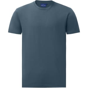 A men's premium cotton short-sleeve tee shirt in a dark blue colour, featuring a logo on the label.