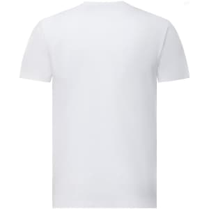 A white short-sleeve tee shirt made of premium cotton, featuring a logo on the back.